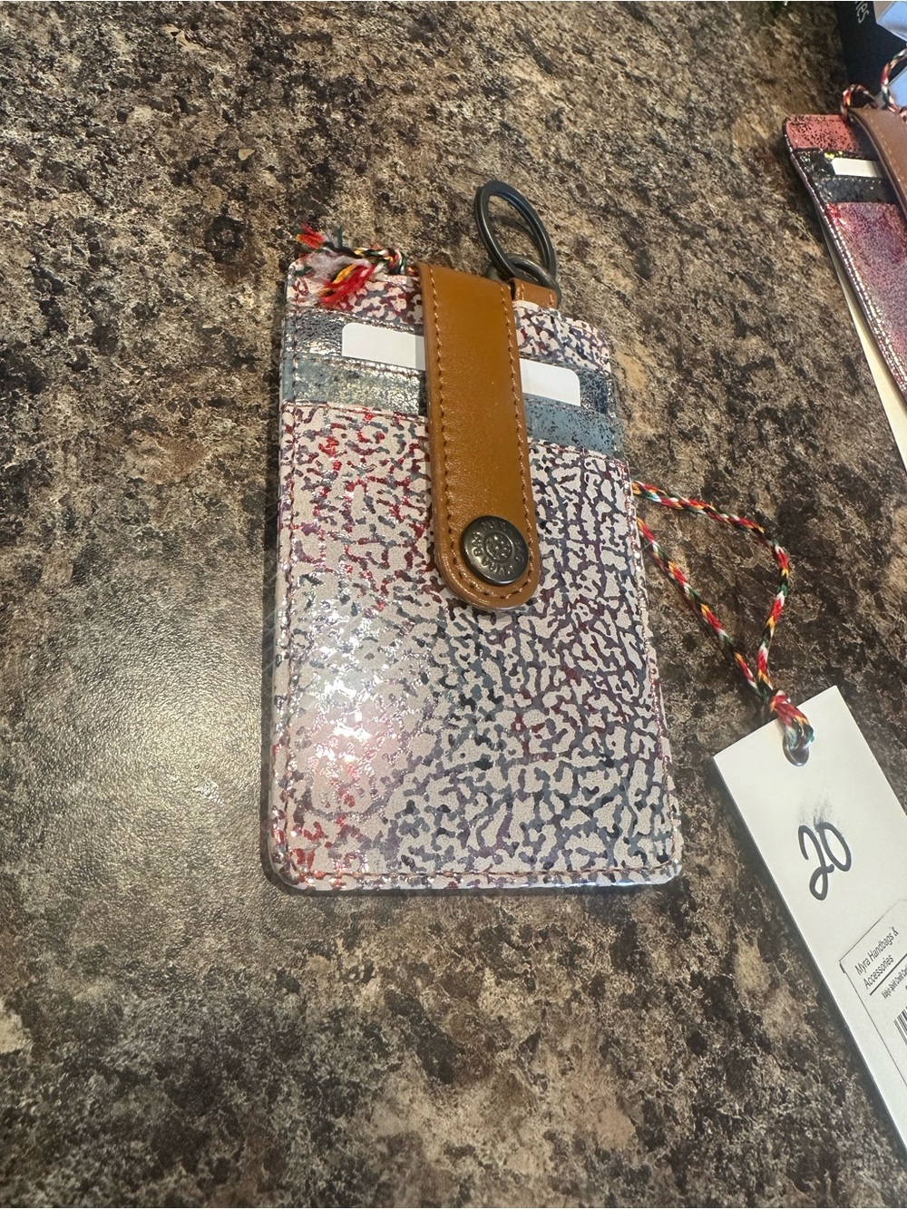 Myra Bag Multicolor Patterned Card & Key Holder with Tan Strap